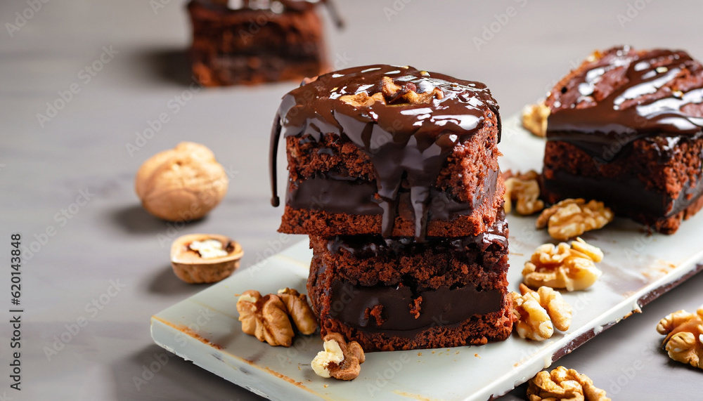Chocolate spongy brownie cakes with walnuts and melted chocolate topping on a stack Chocolate spongy brownie cakes with walnuts and melted chocolate topping on a stack