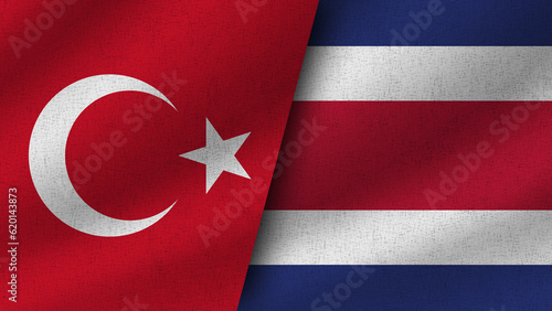 Costa Rica and Turkey Realistic Two Flags Together, 3D Illustration
