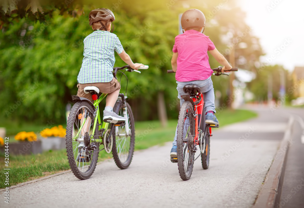 Two boys riding on their bicycles along an asphalt road Two boys riding on their bicycles along an asphalt road