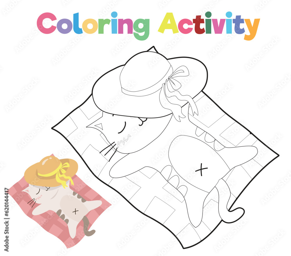 Simple colouring page with summer theme. A cute and kawaii cat sleeping on the beach. Coloring activity for kids. Vector file. Simple colouring page with summer theme. A cute and kawaii cat sleeping on the beach. Coloring activity for kids. Vector file.