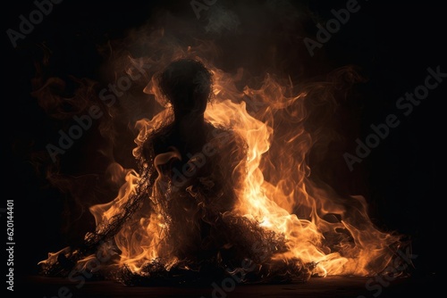 Illustration of a person standing in front of a mesmerizing fire, created using generative AI