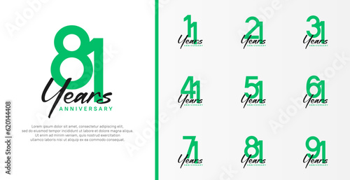 set of anniversary logo flat green color number and black text on white background for celebration