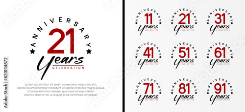 set of anniversary logo flat red color number and black text on white background for celebration
