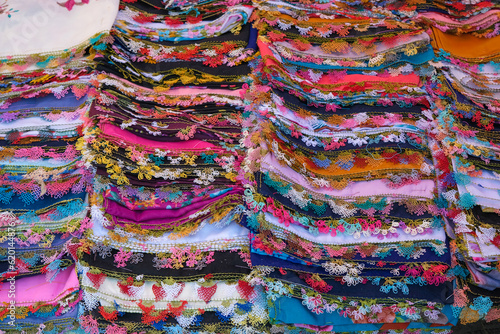 Colorful Turkish needlework. Closeup turkish oya.