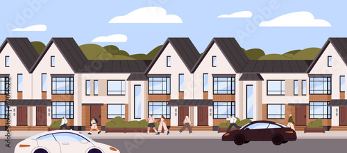 Residential townhouses, homes row in modern city. Urban attached compound buildings exterior, architecture, real estate. Town houses and people panorama, street outdoor view. Flat vector illustration