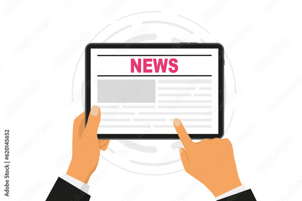 Online news. Online reading news. News website on tablet screen. Tablet with newspaper, news site. News webpage, information about events, activities. Vector Illustrations Online news. Online reading news. News website on tablet screen. Tablet with newspaper, news site. News webpage, information about events, activities. Vector Illustrations