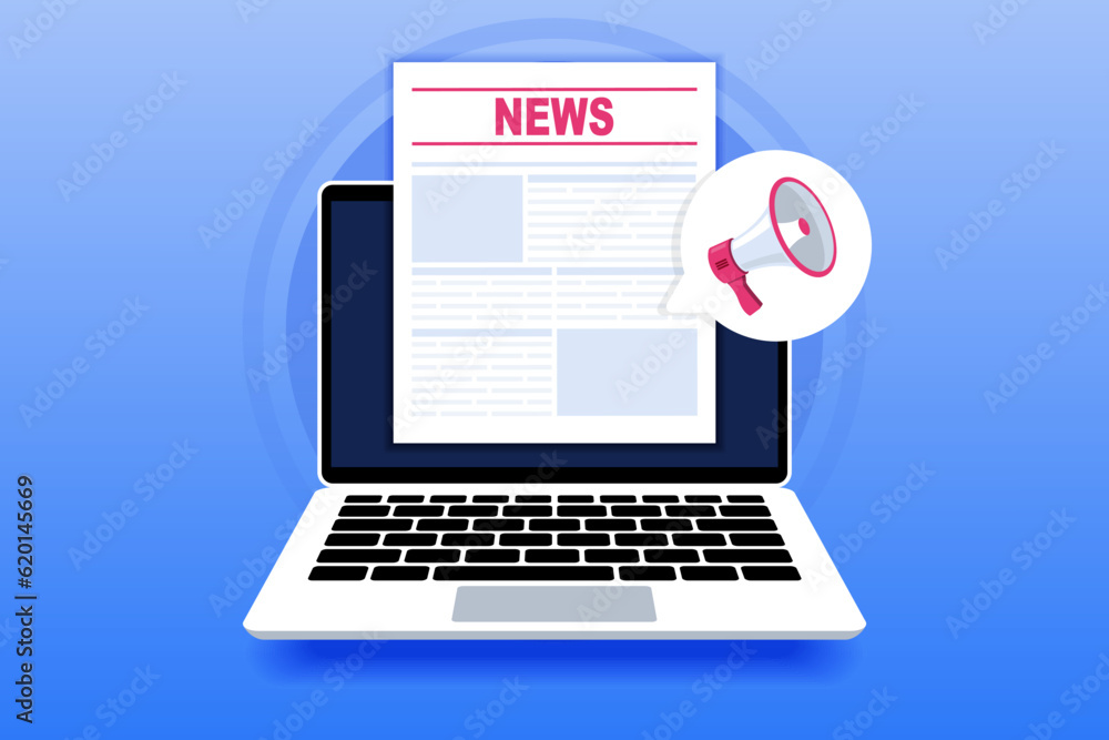 Online news. Online reading news. News website on laptop screen. Laptop with newspaper, news site. News webpage, information about events, activities. Vector Illustrations - obrazy, fototapety, plakaty 