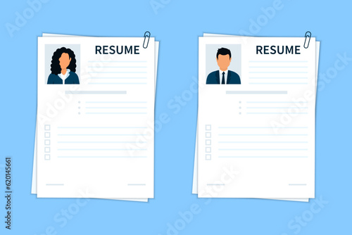 Resumes. Resume form. Resume template. Selecting staff. Concept of human resources management. Searching professional staff. Concept of employment. Business resume. Vector illustration