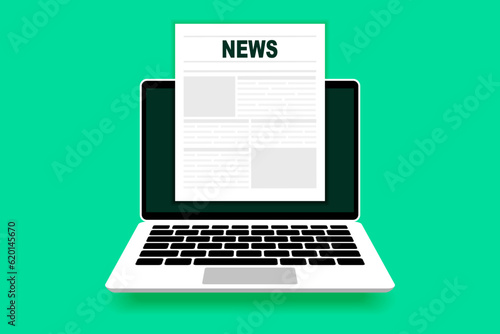 Online news. Online reading news. News website on laptop screen. Laptop with newspaper, news site. News webpage, information about events, activities. Vector Illustrations