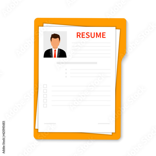 Resumes. Resume form. Resume template. Selecting staff. Concept of human resources management. Searching professional staff. Concept of employment. Business resume. Vector illustration