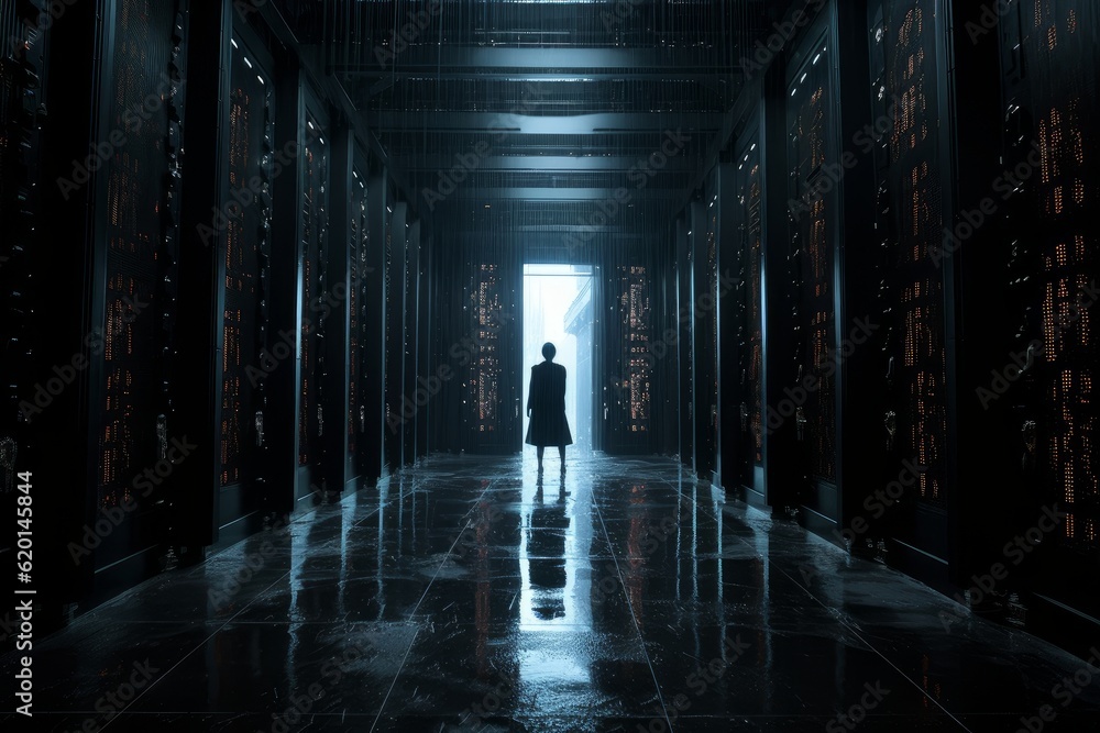 Illustration of a person standing in a dark hallway surrounded by flowing data streams created using generative AI