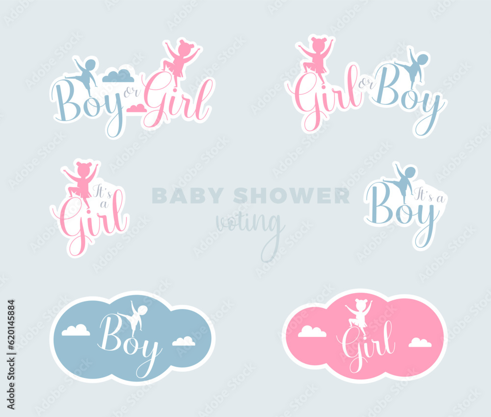 Boy or Girl baby shower gender reveal cute stickers for voting. Vector