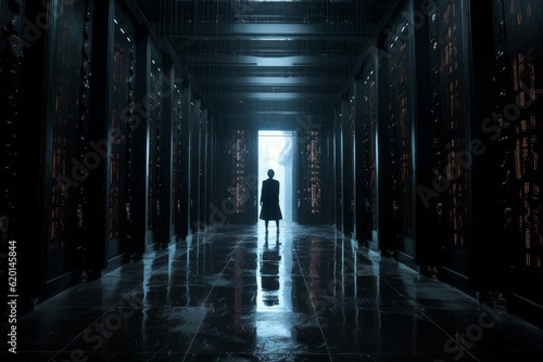 Illustration of a person standing in a dark hallway surrounded by flowing data streams created using generative AI