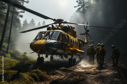 Helicopter search and rescue team airlifting a lost hiker from a remote wilderness area, Rescue Service 911 Generative AI