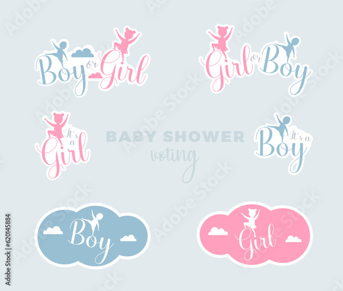 Boy or Girl baby shower gender reveal cute stickers for voting. Vector