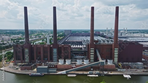 Drone shot of The Wolfsburg Volkswagen Factory , Wolfsburg , Germany  . The Wolfsburg Volkswagen Factory is the worldwide headquarters of the Volkswagen Group, and one of the largest manufacturing pla