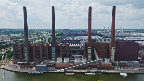 Drone shot of The Wolfsburg Volkswagen Factory , Wolfsburg , Germany  . The Wolfsburg Volkswagen Factory is the worldwide headquarters of the Volkswagen Group, and one of the largest manufacturing pla photo