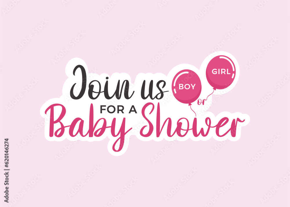 Join us for a baby shower invitation front of postcard. Boy or Girl party. Balloons with boy and girl text. Gender reveal party sticker.