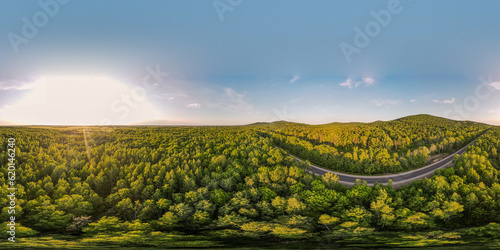 Aerial view of the country road and power lines near to the mountain range, coniferous high forest and the river at summer cloud evening with horizon, yellow color, panorama