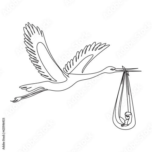 Vector line art illustration of strork with a new born baby for minimalist postcard or baby shower card. Stork delivering baby. Continuous line art drawing.
