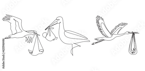 Vector line art illustration of strork with a new born baby for minimalist postcard or baby shower card. Stork delivering baby. Continuous line art drawing.