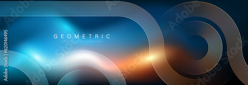 Abstract glowing circle lines on gradient background with blue and orange light effect. Geometric stripe line art design. Modern shiny lines. Futuristic technology concept. Vector illustration