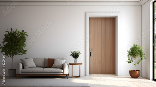 simple minimalism living room, wooden floor, door, white and gray interior Generative AI © kitti