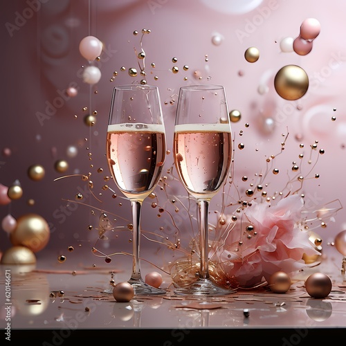 Champagne glasses bouncing silver stars on pink background stock photo