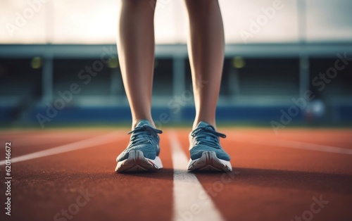 A close up of a person's feet on a running track. AI