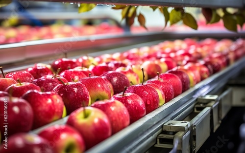 A row of red apples on a conveyor belt. AI