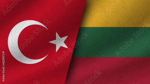 Lithuania and Turkey Realistic Two Flags Together, 3D Illustration