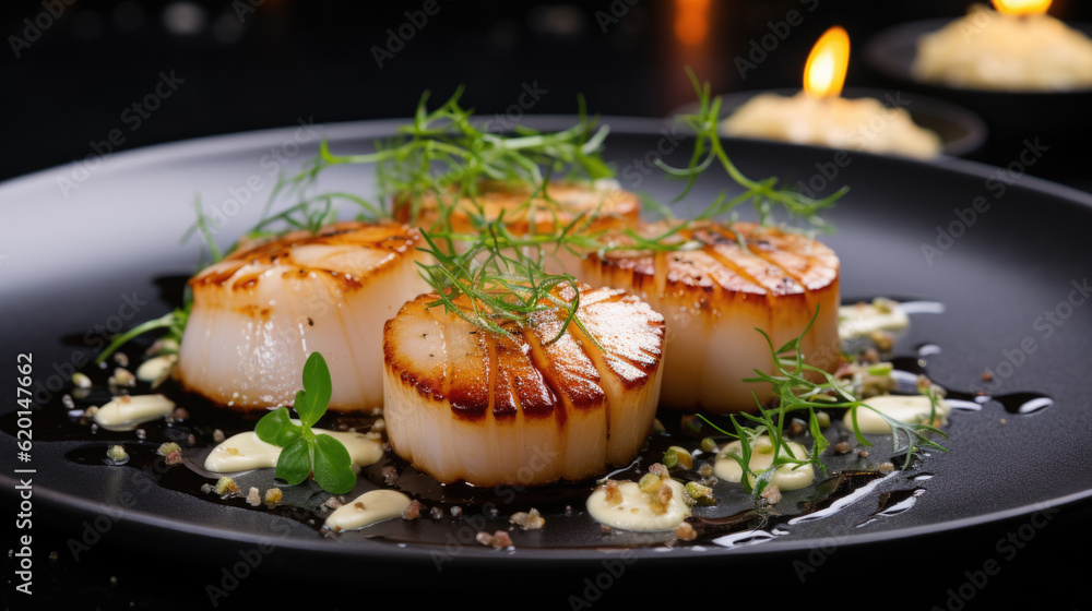 Freshly seared scallops on a white plate, garnished with herbs, presenting a mouthwatering seafood delicacy. AI generated Freshly seared scallops on a white plate, garnished with herbs, presenting a mouthwatering seafood delicacy. AI generated