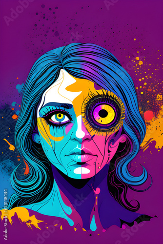 Psychedelic image of a woman.  (AI-generated fictional illustration) 
