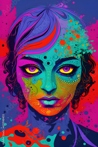 Psychedelic image of a woman. (AI-generated fictional illustration) 