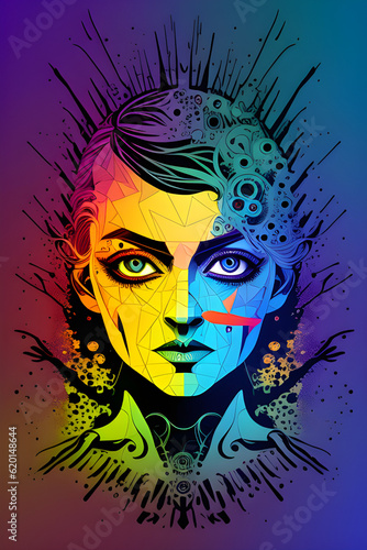 Psychedelic image of a woman.   AI-generated fictional illustration   