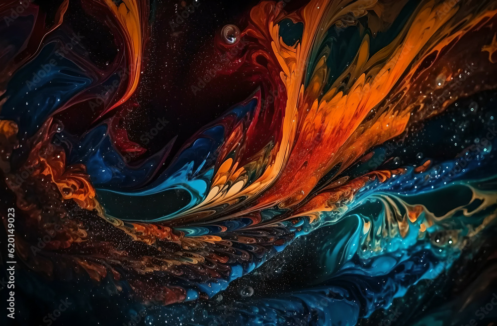 Naklejka premium Colorful swirl of oil paint with orange black and blue on the base.