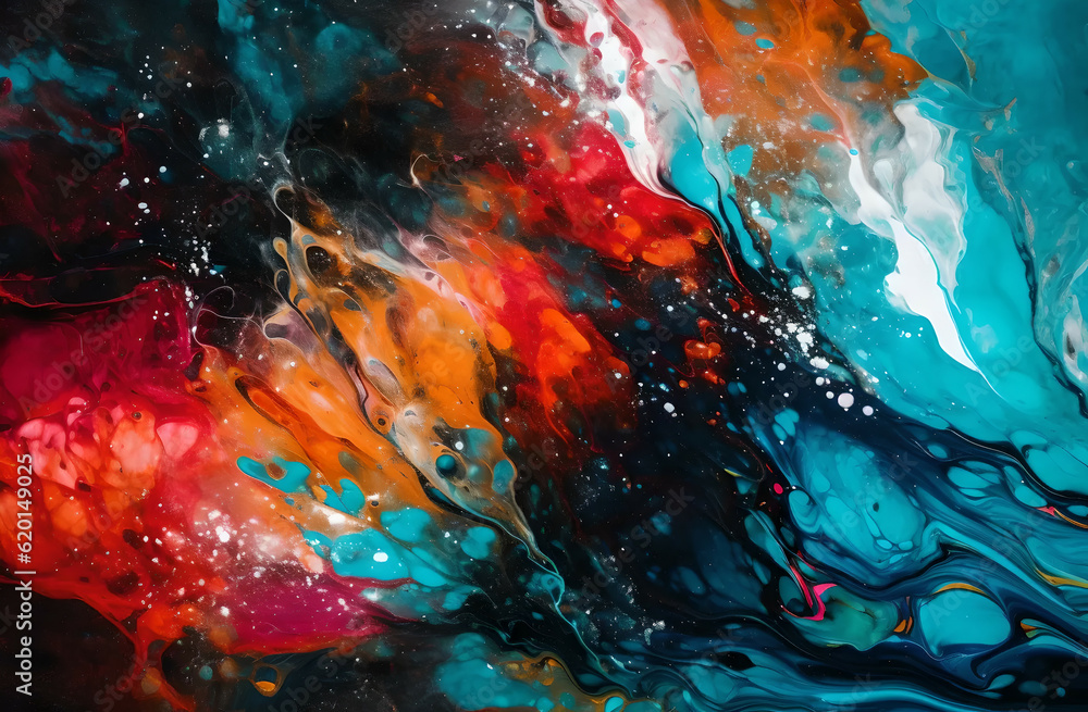 Blue-red-orange abstraction with swirls of black.