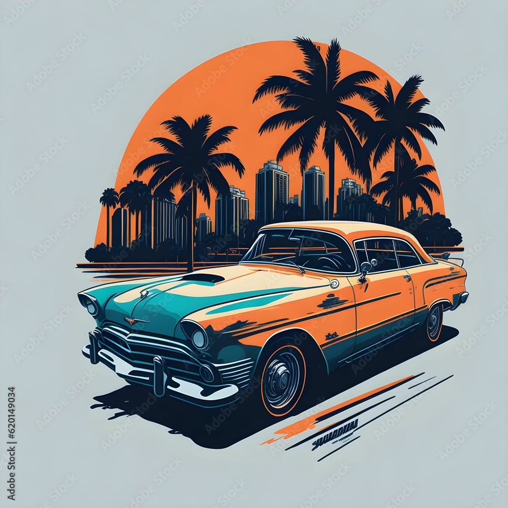 An illustration of a vintage car in front of a city skyline.
created with Generative AI technology