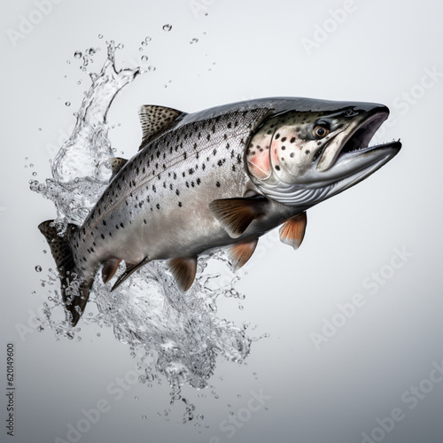 Unleashing the Magic  The Mesmerizing Dance of a Salmon on a White Canvas  generated by IA 