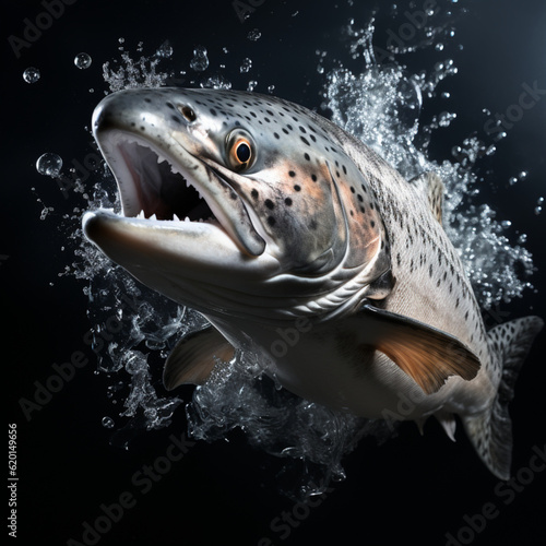 Midnight's Embrace: Celebrating the Beauty of a Salmon's Leap on Black, generated by IA 