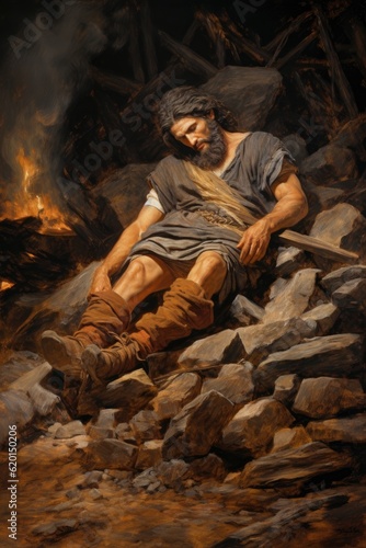 Obraz na plátně Painted illustration of a man in the midst of the destruction of the siege city