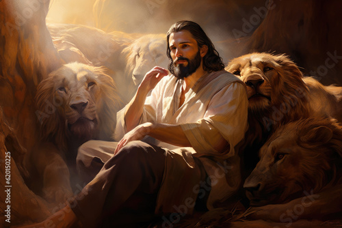 Fotobehang Daniel at the Lions Den Jesus Christ Lion of the Tribe of Judah Generative AI Il