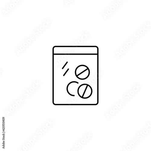 Dose in package line icon. Drug vector icon. Drug deal. Tablets, cocaine and heroin syringe. Vector illustration