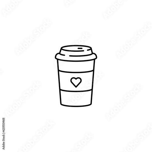 Take away coffee cup line icon. Coffee cup logo. Coffee cup icon with heart. Vector illustration