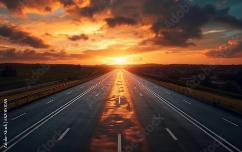 The sun is setting over a highway with mountains in the background. AI