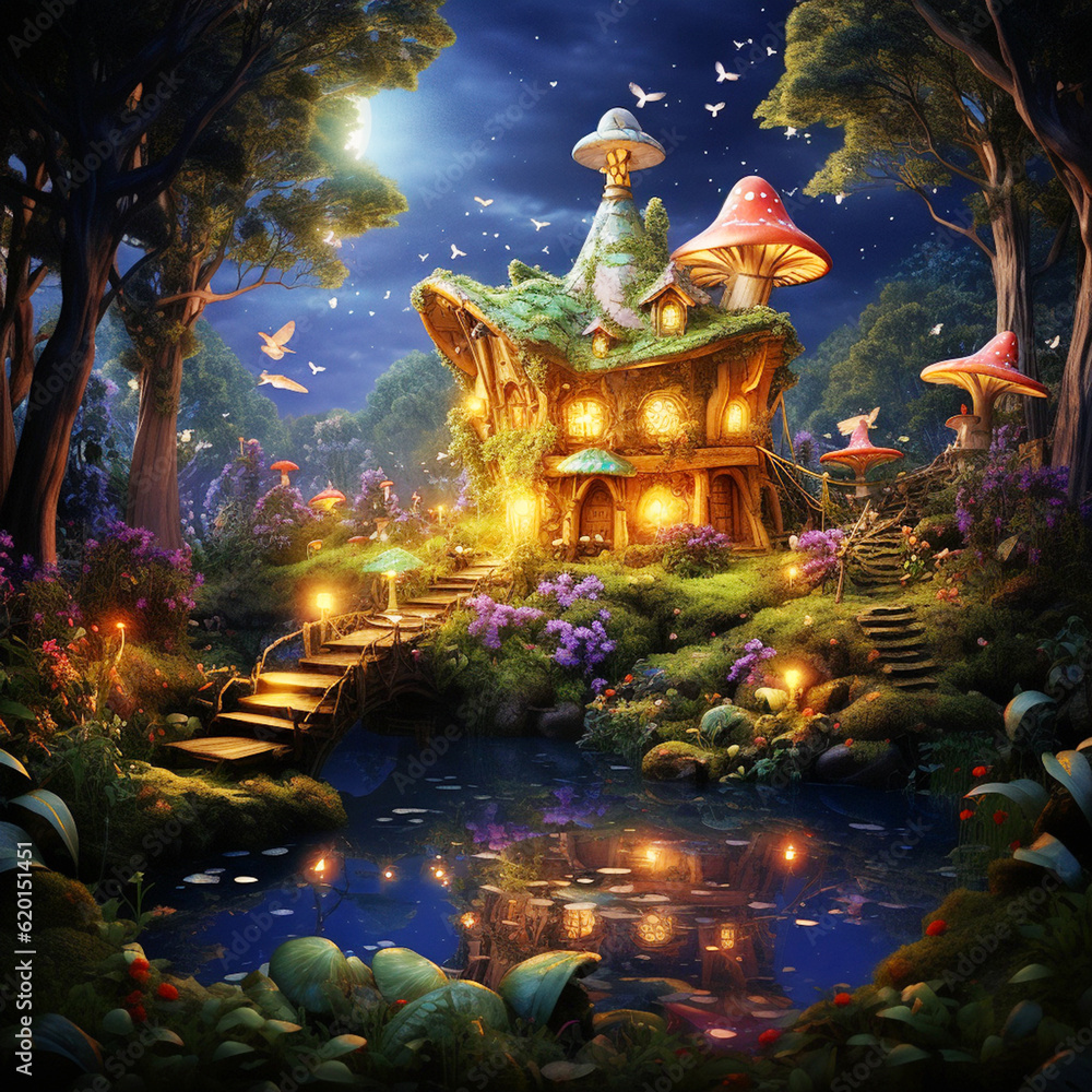 A castle in the forest with animals at night