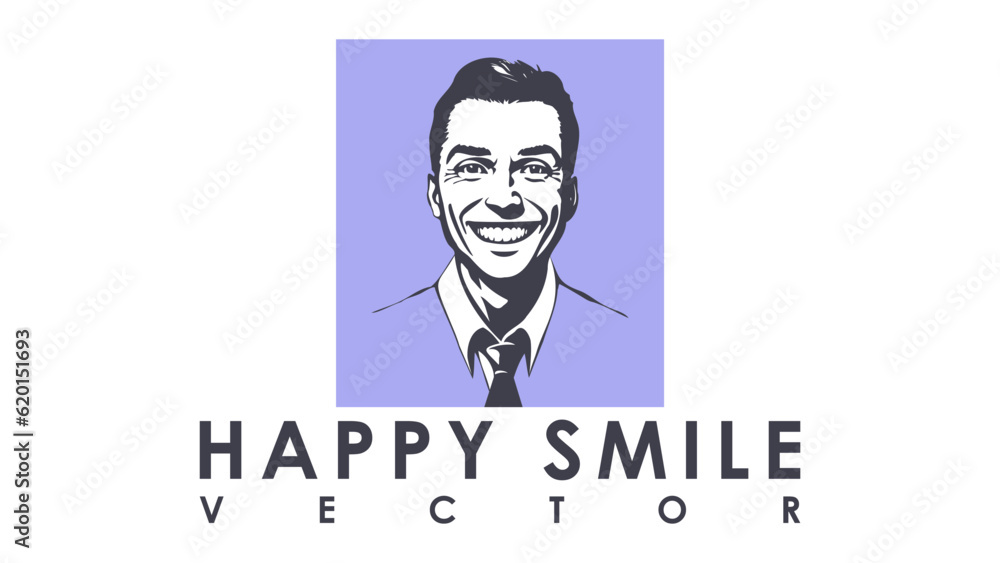 Vector simple graphic portrait of a men with a happy smile on a blue rectangle background. White isolated background. Logo, sticker or icon. Vector simple graphic portrait of a men with a happy smile on a blue rectangle background. White isolated background. Logo, sticker or icon.