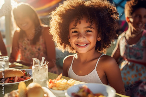 A young girl with a bright smile enjoys a joyful outdoor lunch or BBQ with friends and family, embracing the summer vibe.