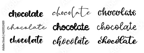 Chocolate. Vector logo set. Design word poster, flyer, banner, menu cafe. Hand drawn calligraphy text. Typography chocolate logo. Signboard icon chocolate. Black and white illustration with cup.