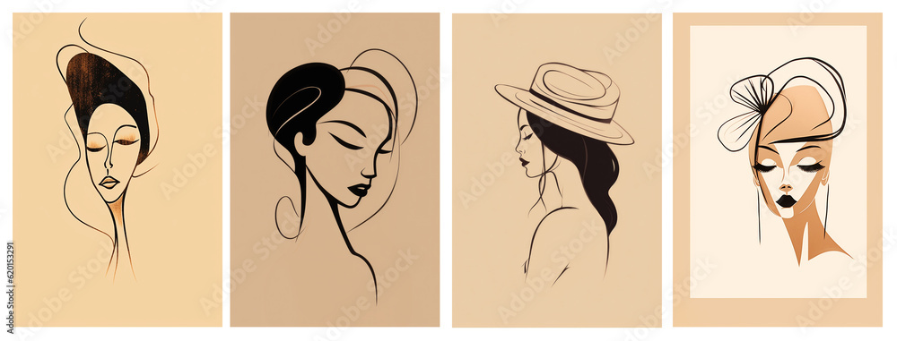 Abstract woman silhouette from simple lines. Minimalist, plain and boho modern art set with simple lines. Created with Generative AI technology.